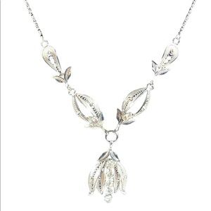 Vintage sterling silver Fancy etched wire work filagree necklace rhinestones